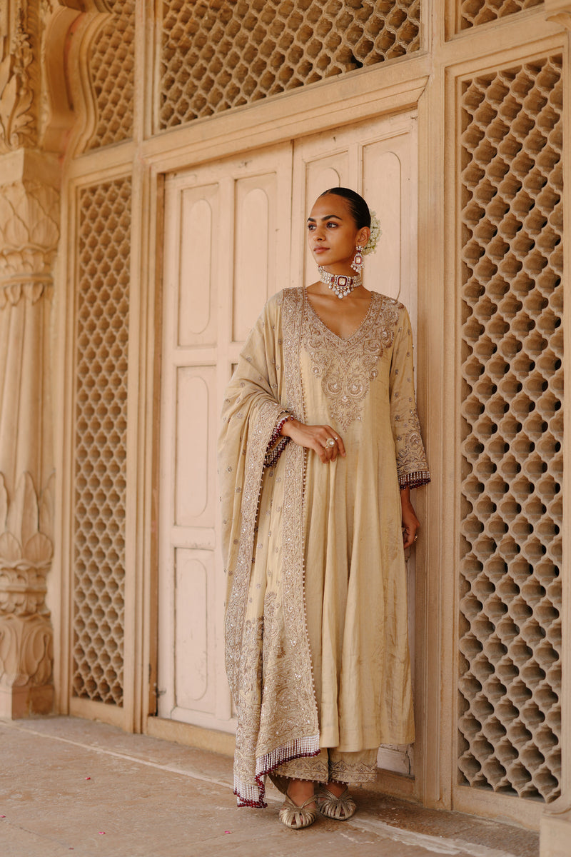 Rooh-Gold Tissue Long Kalidaar Anarkali Set With Palazzo And Dupatta silk tissue kurta/kurta set by SHEETAL BATRA in yellow for women Worldwide