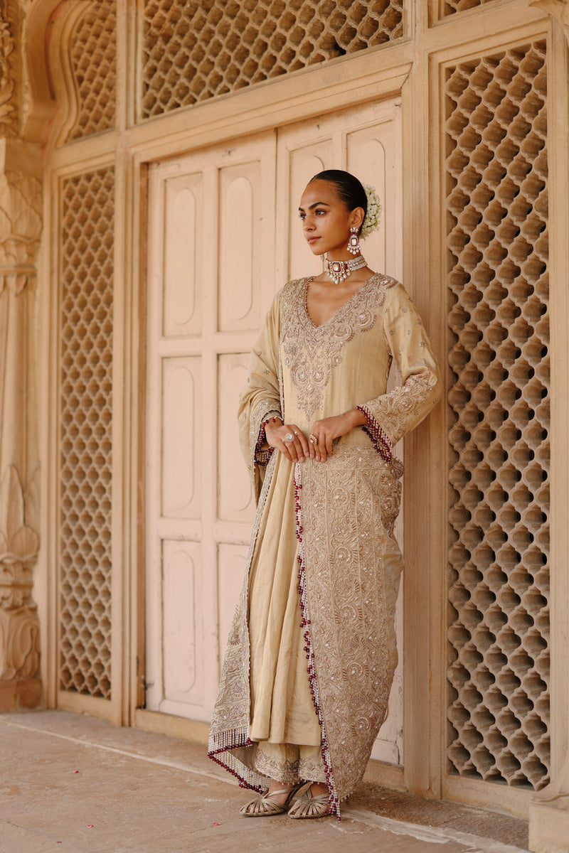 Rooh-Gold Tissue Long Kalidaar Anarkali Set With Palazzo And Dupatta silk tissue kurta/kurta set by SHEETAL BATRA in yellow for women Worldwide