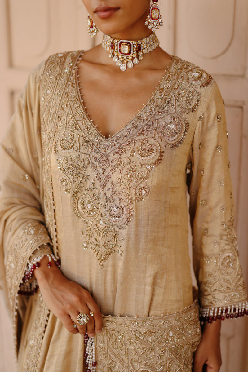 Rooh-Gold Tissue Long Kalidaar Anarkali Set With Palazzo And Dupatta silk tissue kurta/kurta set by SHEETAL BATRA in yellow for women Worldwide
