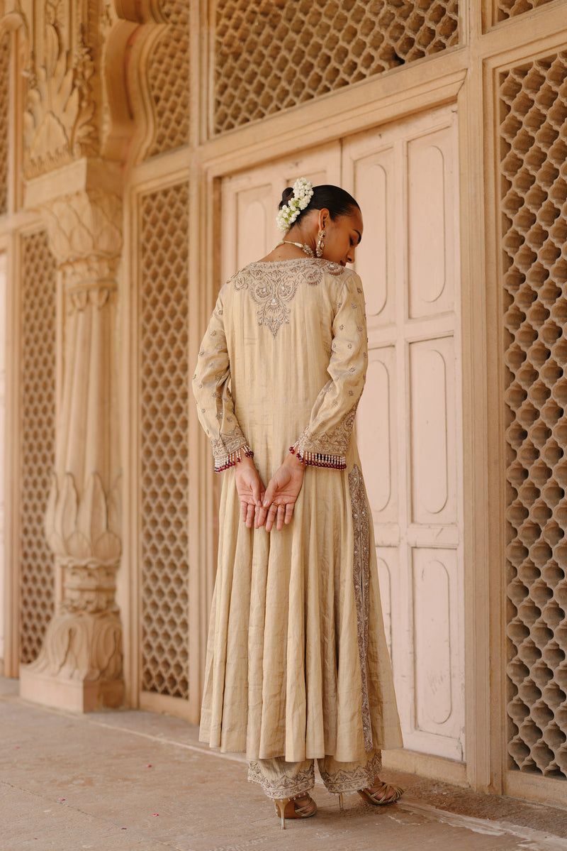 Rooh-Gold Tissue Long Kalidaar Anarkali Set With Palazzo And Dupatta silk tissue kurta/kurta set by SHEETAL BATRA in yellow for women Worldwide