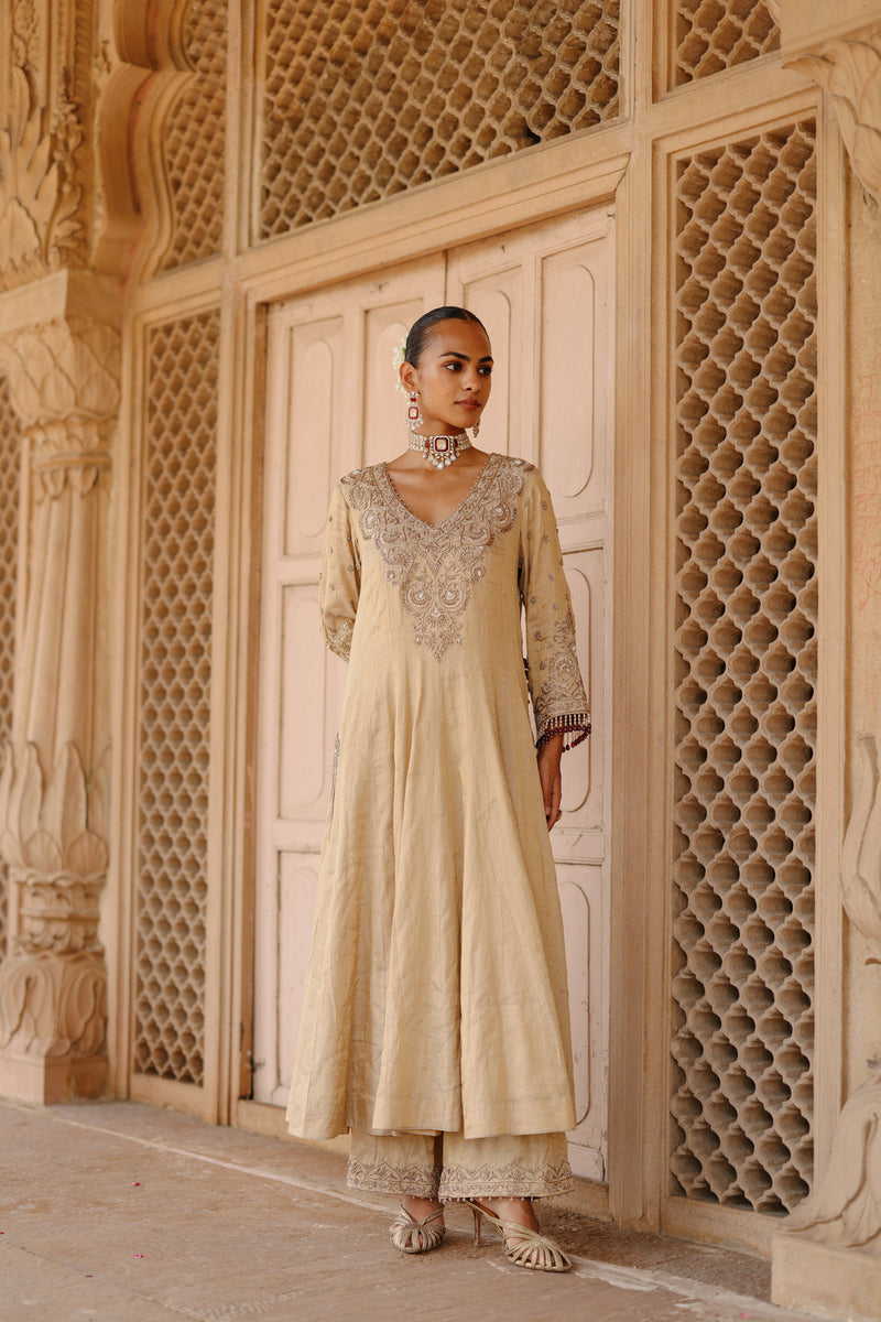 Rooh-Gold Tissue Long Kalidaar Anarkali Set With Palazzo And Dupatta silk tissue kurta/kurta set by SHEETAL BATRA in yellow for women Worldwide