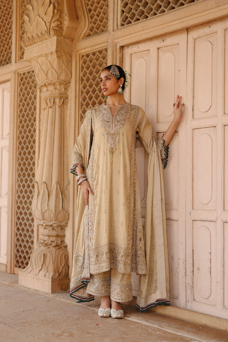 Nazaara-Gold Tissue Long Kalidaar Chauga Set With Palazzo And Dupatta silk tissue kurta/kurta set by SHEETAL BATRA in yellow for women Worldwide
