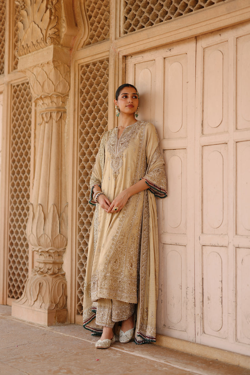 Nazaara-Gold Tissue Long Kalidaar Chauga Set With Palazzo And Dupatta silk tissue kurta/kurta set by SHEETAL BATRA in yellow for women Worldwide