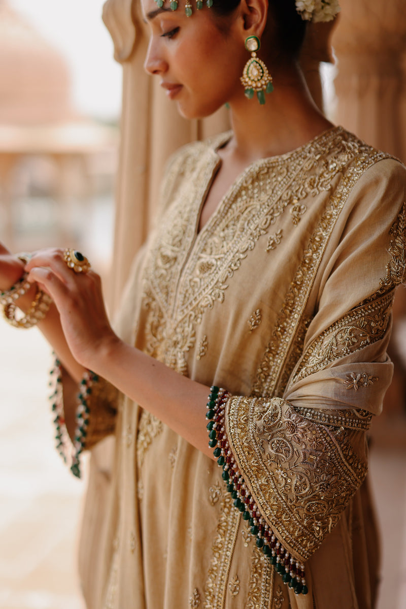 Nazaara-Gold Tissue Long Kalidaar Chauga Set With Palazzo And Dupatta silk tissue kurta/kurta set by SHEETAL BATRA in yellow for women Worldwide