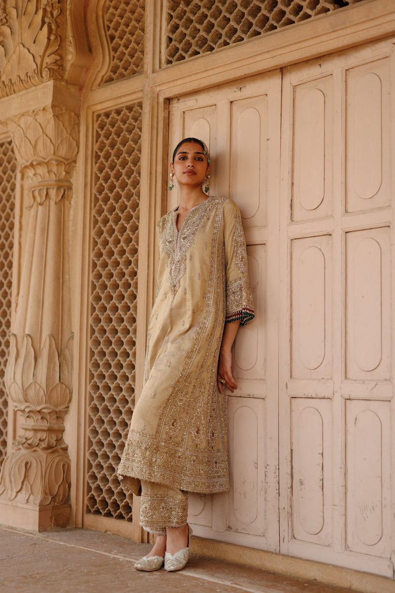 Nazaara-Gold Tissue Long Kalidaar Chauga Set With Palazzo And Dupatta silk tissue kurta/kurta set by SHEETAL BATRA in yellow for women Worldwide
