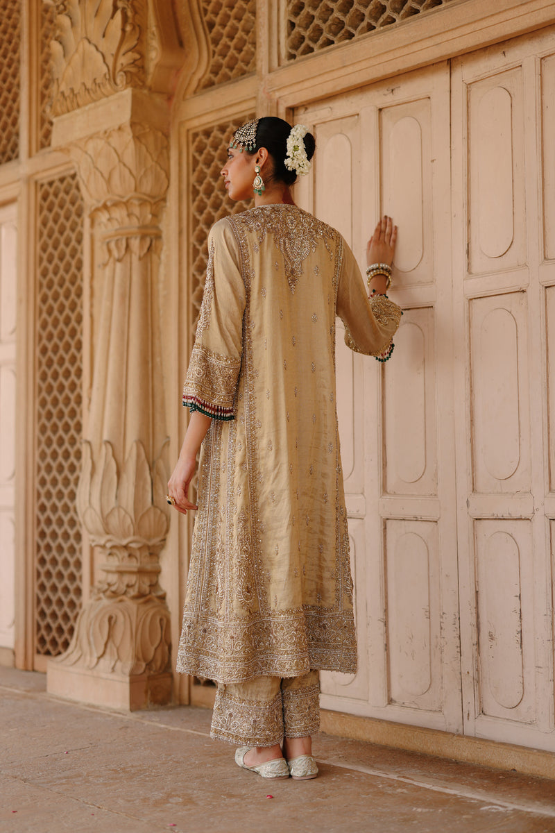 Nazaara-Gold Tissue Long Kalidaar Chauga Set With Palazzo And Dupatta silk tissue kurta/kurta set by SHEETAL BATRA in yellow for women Worldwide