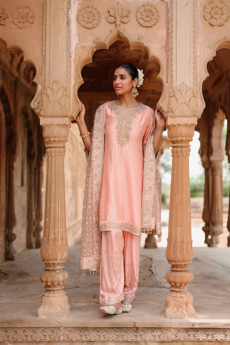 Maham-Pink Anarkali Set With Salwar And Dupatta silk chanderi, silk organza kurta/kurta set by SHEETAL BATRA in pink for women Worldwide