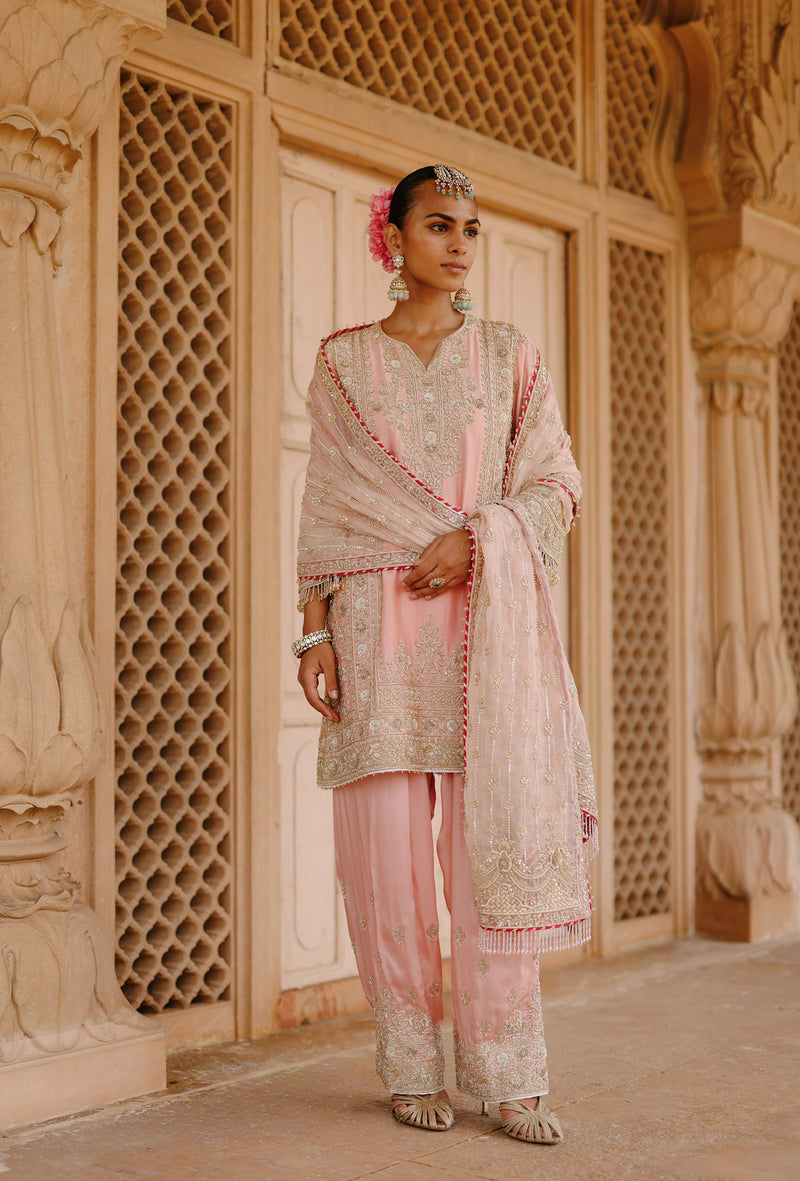 Elaya-Pink Short Kurta Set With Matching Salwar And Dupatta silk chanderi, silk organza kurta/kurta set by SHEETAL BATRA in pink for women Worldwide