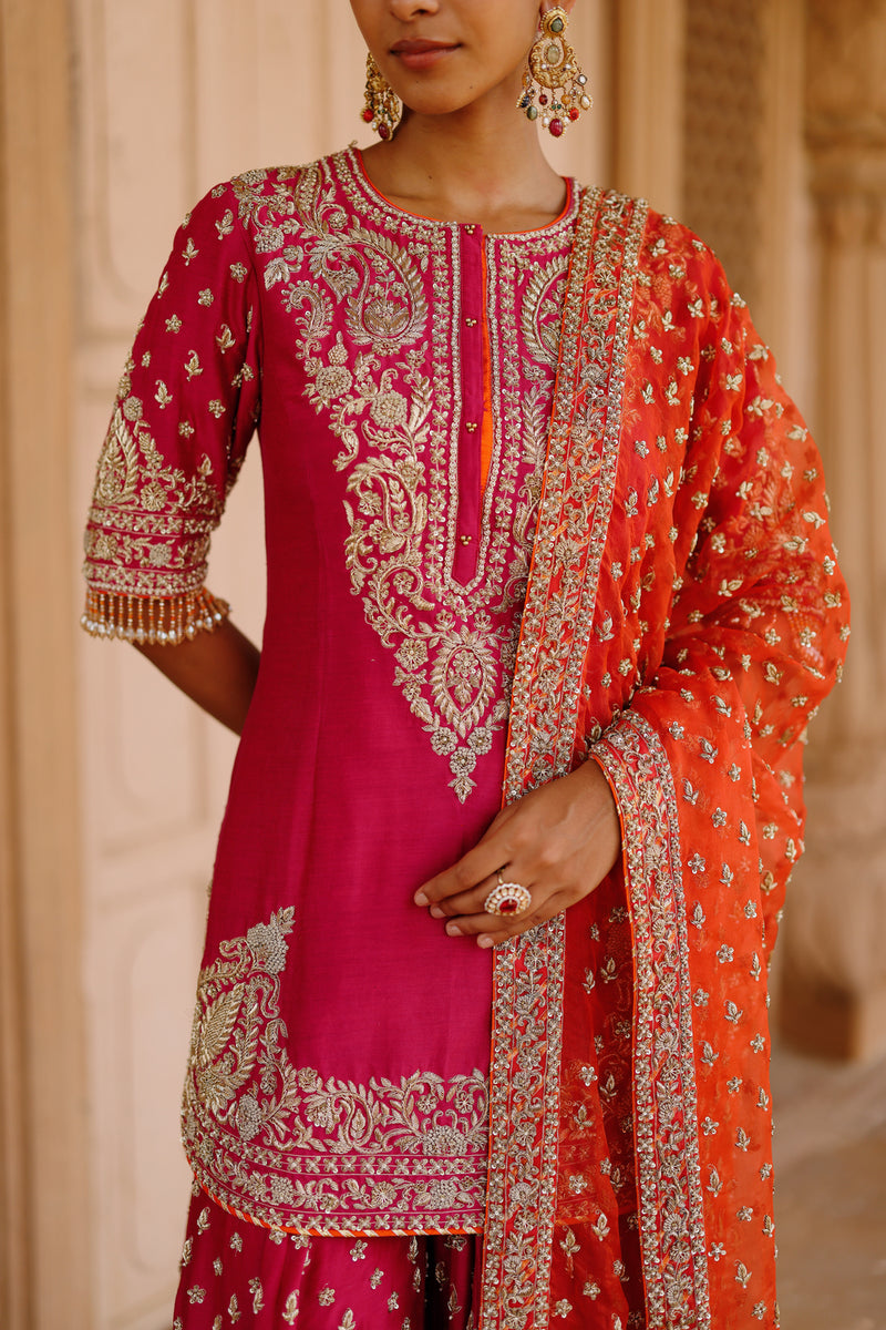 Maysam-Hot Pink Kurta Set With Sharara And Dupatta silk chanderi, silk organza kurta/kurta set by SHEETAL BATRA in pink, orange for women Worldwide