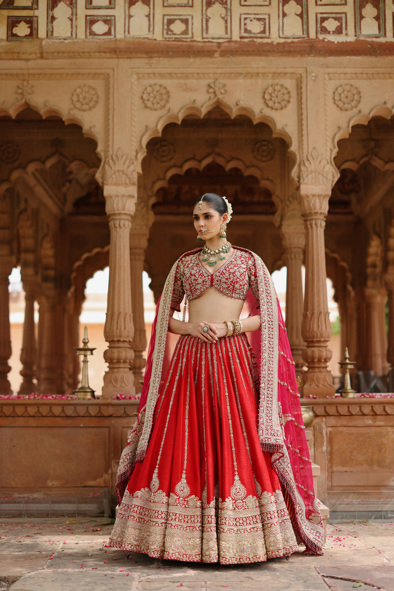 Roha-Deep Red Lehenga Set With Blouse And Dupatta raw silk, silk organza lehenga sets by SHEETAL BATRA in red with pink for women Worldwide