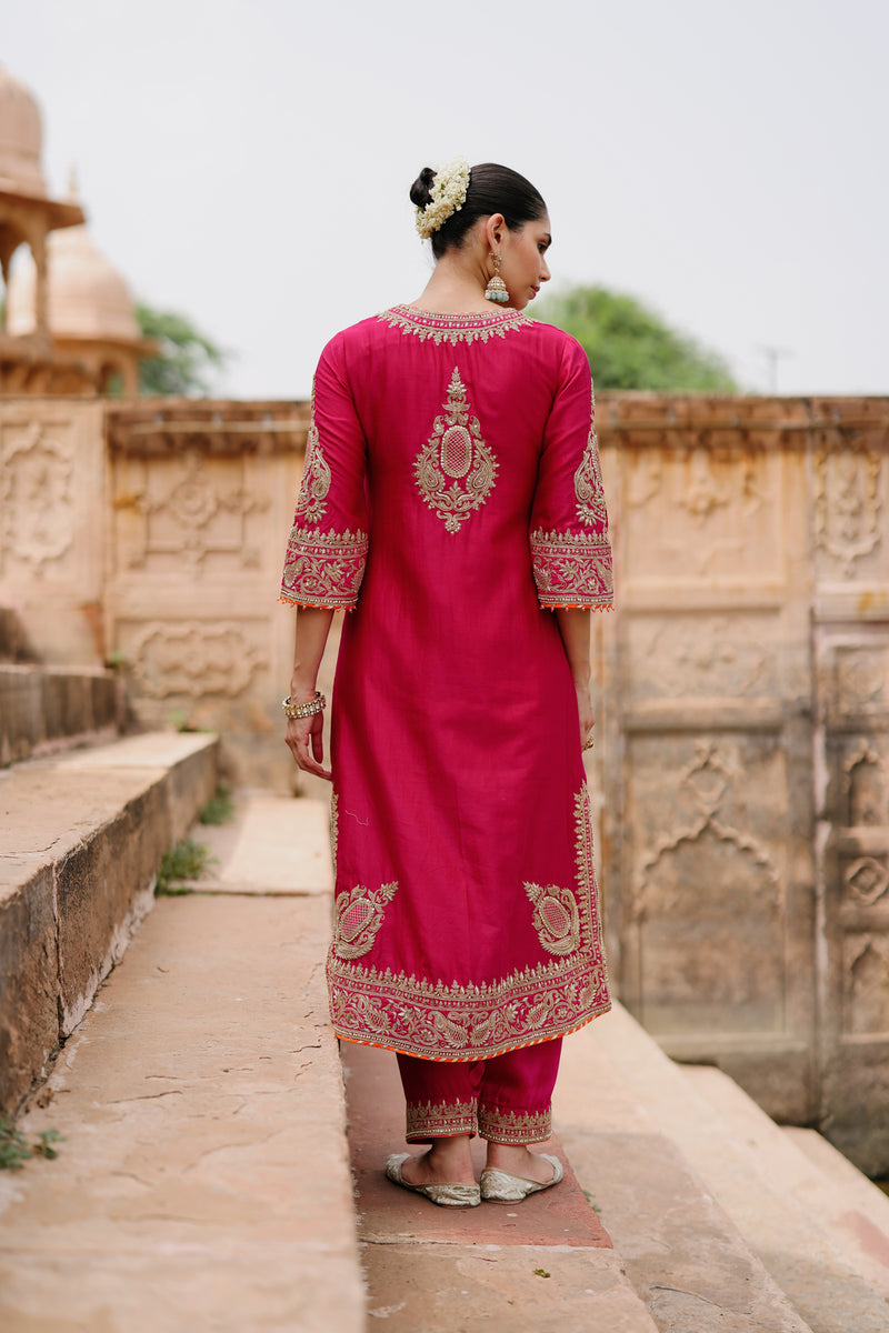 Arwa-Hot Pink Long Kurta Set With Salwar And Dupatta silk chanderi, silk organza kurta/kurta set by SHEETAL BATRA in pink for women Worldwide