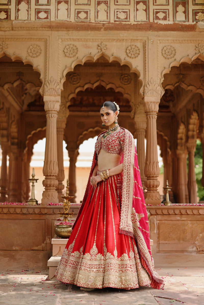 Roha-Deep Red Lehenga Set With Blouse And Dupatta raw silk, silk organza lehenga sets by SHEETAL BATRA in red with pink for women Worldwide