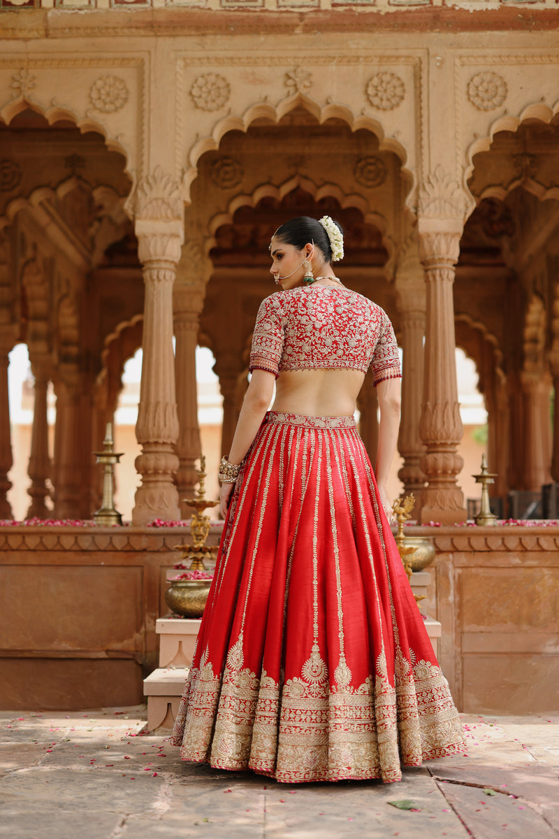 Roha-Deep Red Lehenga Set With Blouse And Dupatta raw silk, silk organza lehenga sets by SHEETAL BATRA in red with pink for women Worldwide