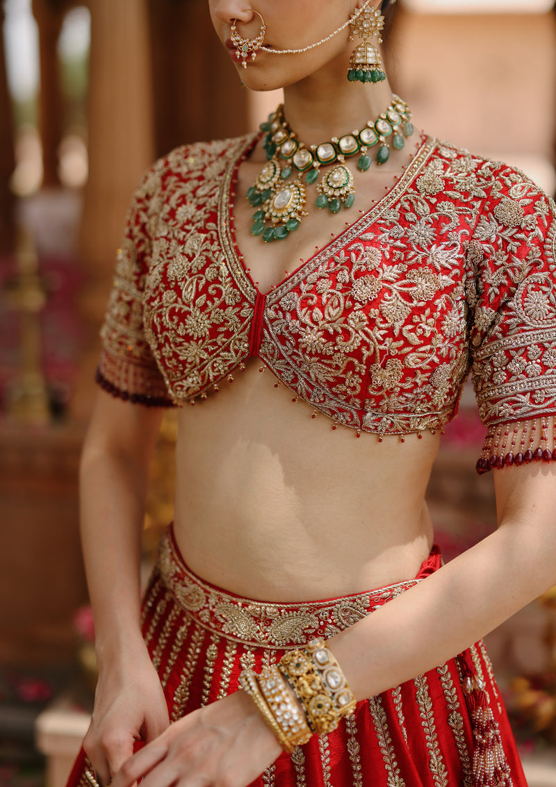 Roha-Deep Red Lehenga Set With Blouse And Dupatta raw silk, silk organza lehenga sets by SHEETAL BATRA in red with pink for women Worldwide