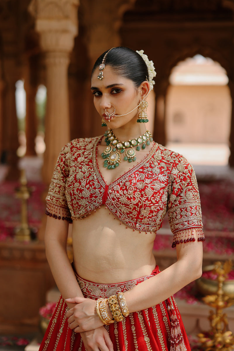 Roha-Deep Red Lehenga Set With Blouse And Dupatta raw silk, silk organza lehenga sets by SHEETAL BATRA in red with pink for women Worldwide