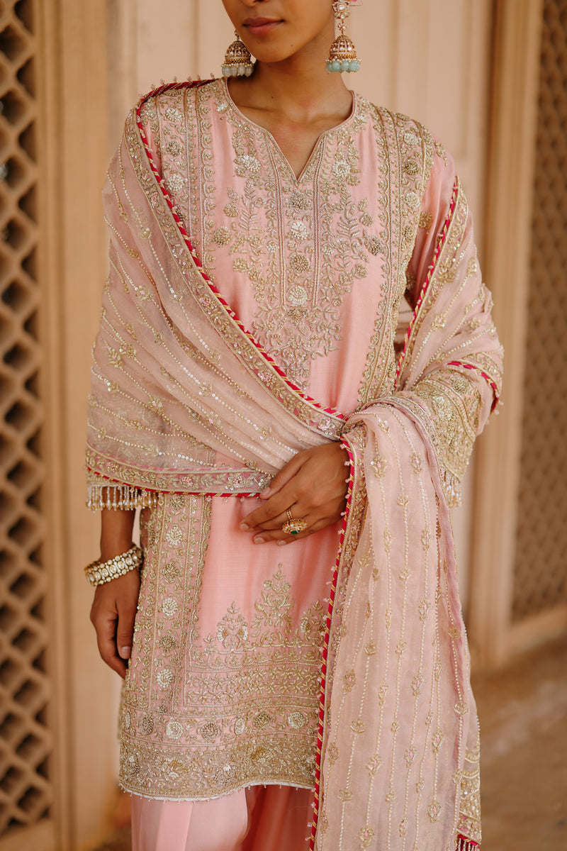 Elaya-Pink Short Kurta Set With Matching Salwar And Dupatta silk chanderi, silk organza kurta/kurta set by SHEETAL BATRA in pink for women Worldwide
