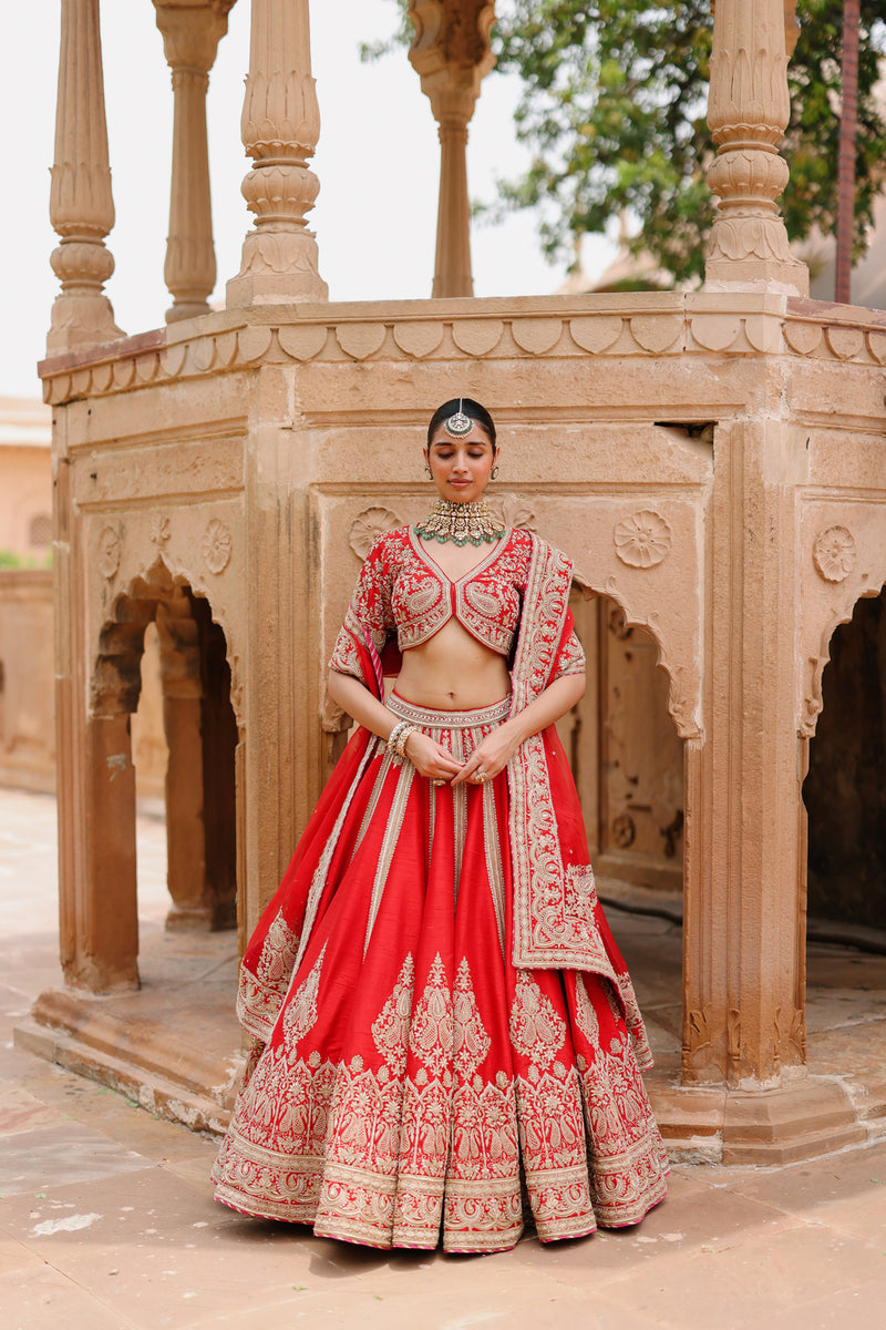 Mahroz-Deep Red Lehenga Set With Blouse And Dupatta raw silk, silk organza lehenga sets by SHEETAL BATRA in red for women Worldwide