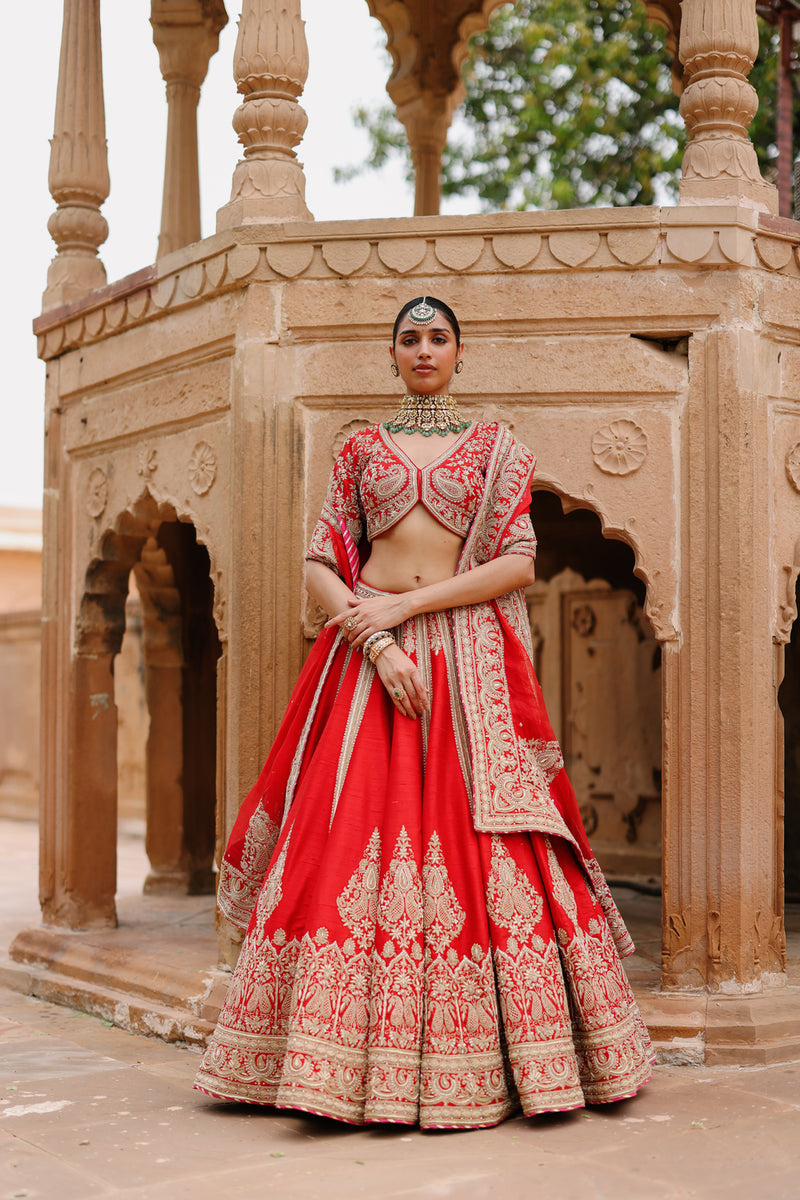 Mahroz-Deep Red Lehenga Set With Blouse And Dupatta raw silk, silk organza lehenga sets by SHEETAL BATRA in red for women Worldwide