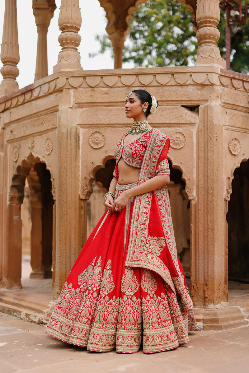Mahroz-Deep Red Lehenga Set With Blouse And Dupatta raw silk, silk organza lehenga sets by SHEETAL BATRA in red for women Worldwide