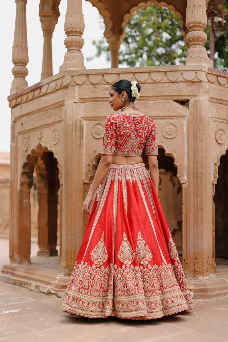 Mahroz-Deep Red Lehenga Set With Blouse And Dupatta raw silk, silk organza lehenga sets by SHEETAL BATRA in red for women Worldwide
