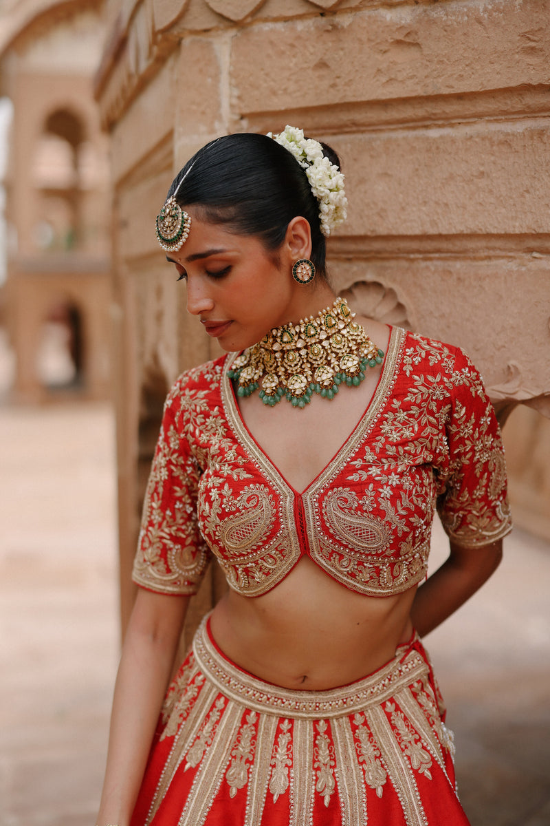 Mahroz-Deep Red Lehenga Set With Blouse And Dupatta raw silk, silk organza lehenga sets by SHEETAL BATRA in red for women Worldwide
