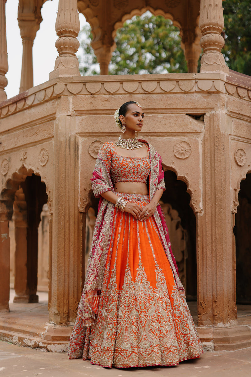 Nagma-Orange Lehenga Set With Blouse And Hot Pink Dupatta raw silk lehenga sets by SHEETAL BATRA in orange, pink for women Worldwide