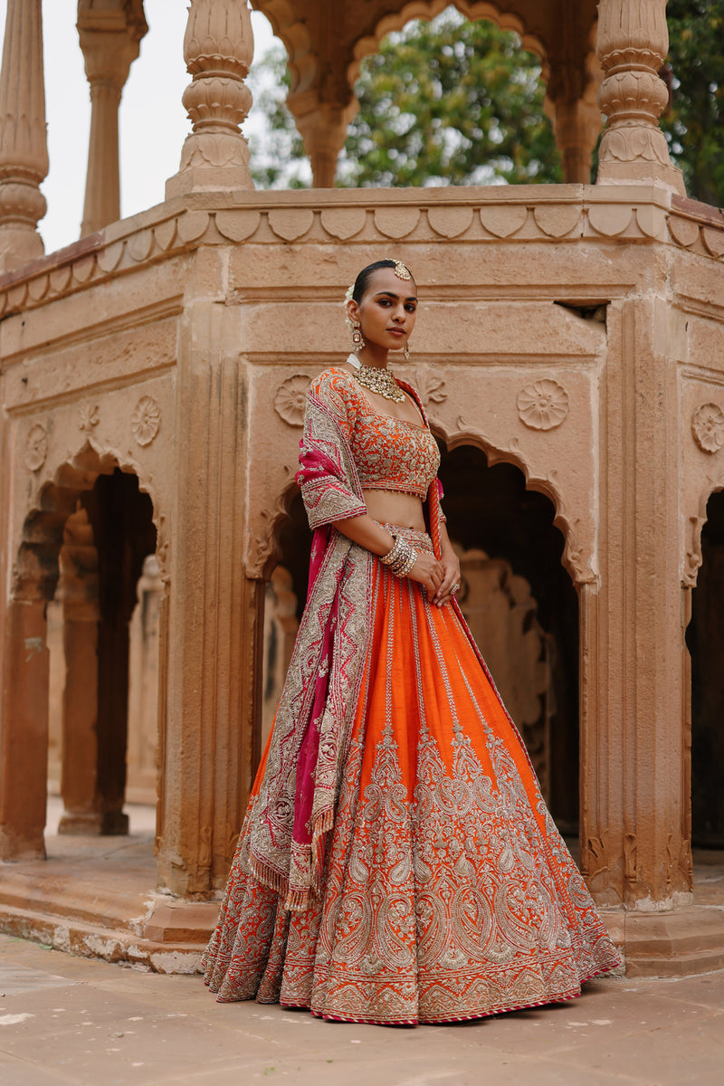 Nagma-Orange Lehenga Set With Blouse And Hot Pink Dupatta raw silk lehenga sets by SHEETAL BATRA in orange, pink for women Worldwide