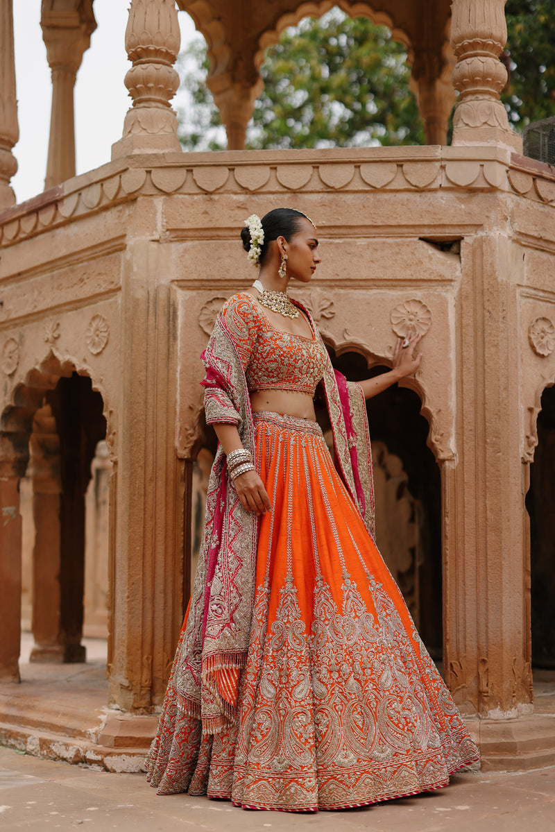 Nagma-Orange Lehenga Set With Blouse And Hot Pink Dupatta raw silk lehenga sets by SHEETAL BATRA in orange, pink for women Worldwide