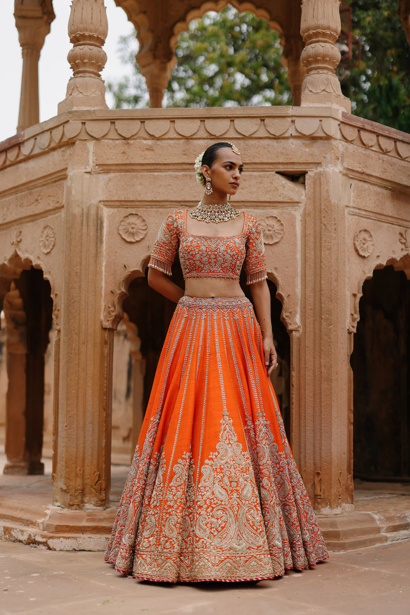 Nagma-Orange Lehenga Set With Blouse And Hot Pink Dupatta raw silk lehenga sets by SHEETAL BATRA in orange, pink for women Worldwide