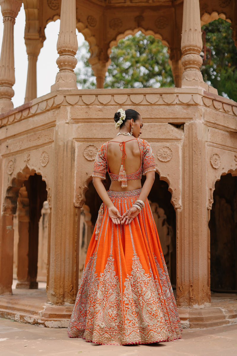 Nagma-Orange Lehenga Set With Blouse And Hot Pink Dupatta raw silk lehenga sets by SHEETAL BATRA in orange, pink for women Worldwide