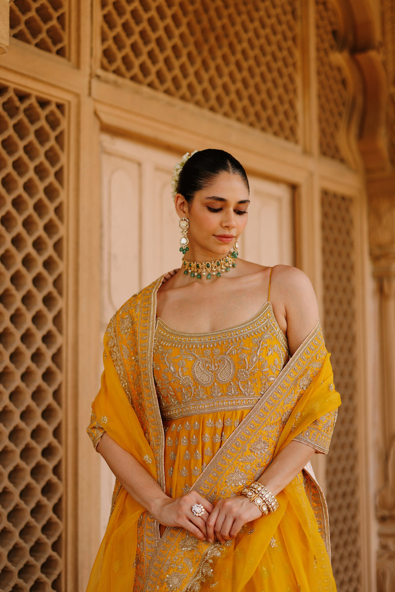Afraa-Mustard Anarkali Set With Palazzo And Dupatta silk chanderi, silk organza kurta/kurta set by SHEETAL BATRA in mustard for women Worldwide