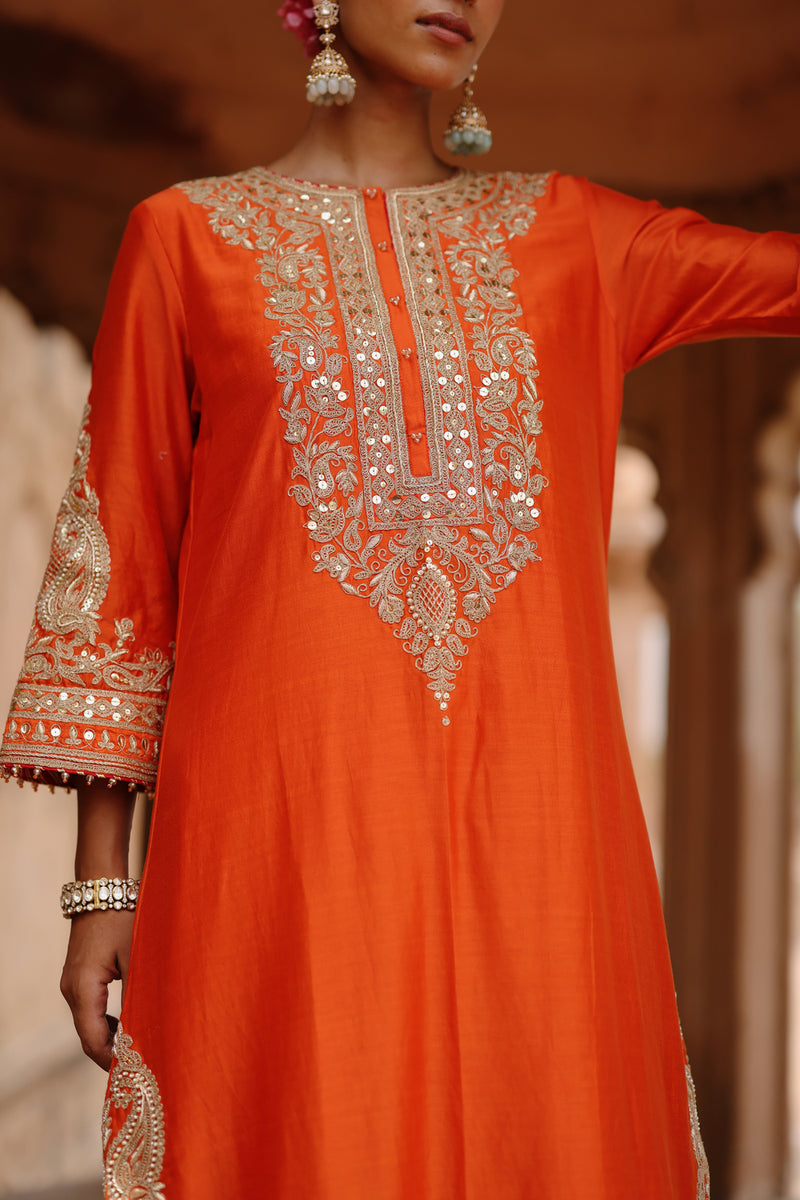 Umaira-Burnt Orange Long Kurta Set With Salwar And Dupatta silk chanderi, silk organza kurta/kurta set by SHEETAL BATRA in orange for women Worldwide