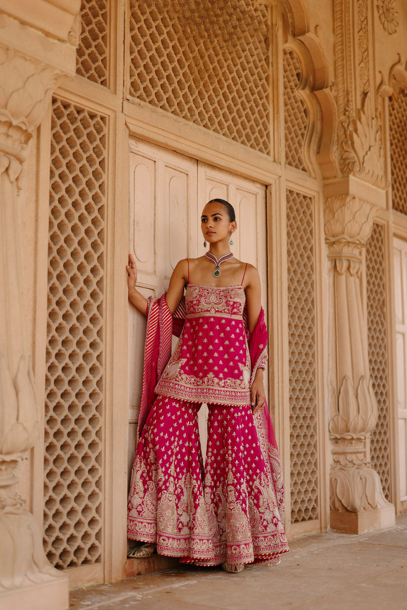 Nisbat-Hot Pink Kurta Set With Garara And Dupatta silk chanderi, silk organza kurta/kurta set by SHEETAL BATRA in pink for women Worldwide