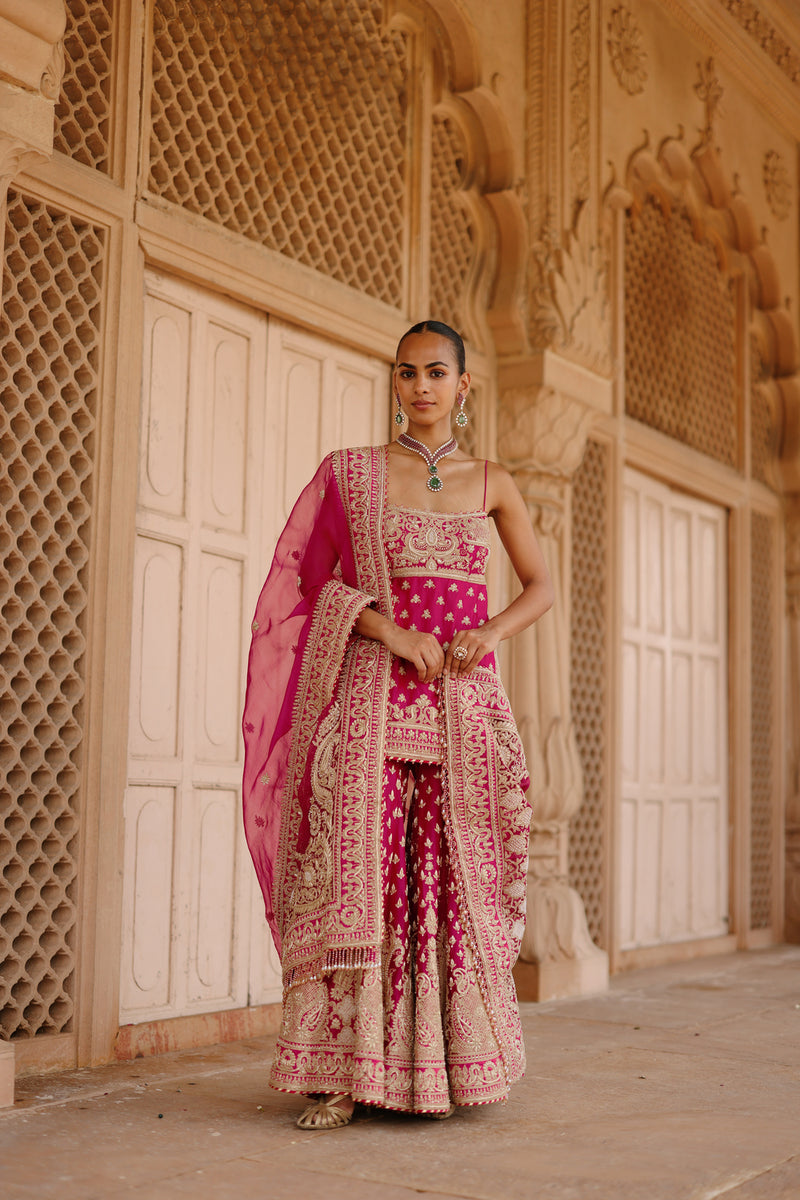 Nisbat-Hot Pink Kurta Set With Garara And Dupatta silk chanderi, silk organza kurta/kurta set by SHEETAL BATRA in pink for women Worldwide