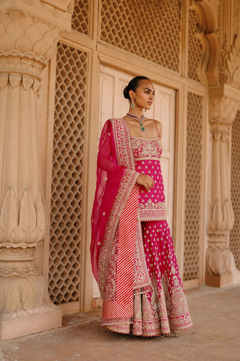 Nisbat-Hot Pink Kurta Set With Garara And Dupatta silk chanderi, silk organza kurta/kurta set by SHEETAL BATRA in pink for women Worldwide