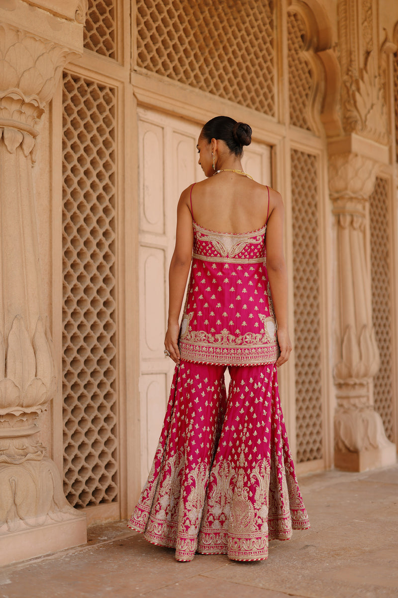 Nisbat-Hot Pink Kurta Set With Garara And Dupatta silk chanderi, silk organza kurta/kurta set by SHEETAL BATRA in pink for women Worldwide