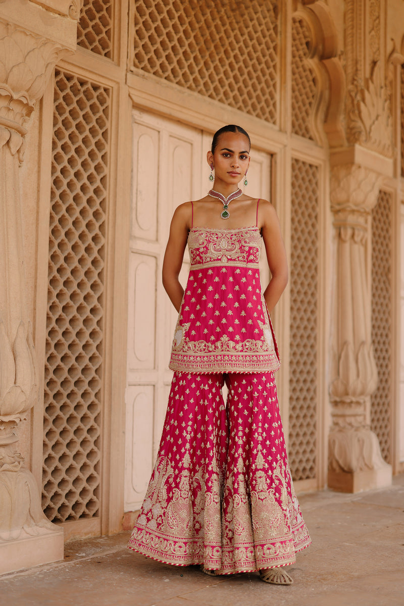 Nisbat-Hot Pink Kurta Set With Garara And Dupatta silk chanderi, silk organza kurta/kurta set by SHEETAL BATRA in pink for women Worldwide
