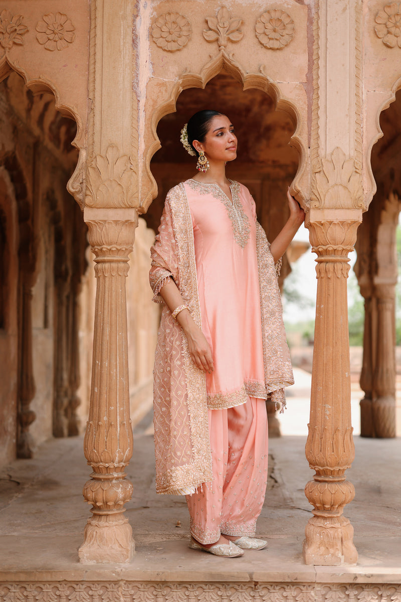 Maham-Pink Anarkali Set With Salwar And Dupatta silk chanderi, silk organza kurta/kurta set by SHEETAL BATRA in pink for women Worldwide