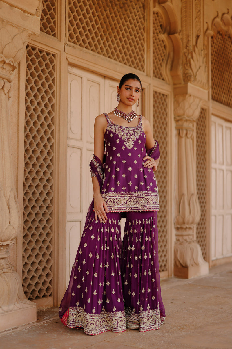 Shahbano-Deep Purple Kurta Set With Garara And Dupatta silk chanderi, silk organza kurta/kurta set by SHEETAL BATRA in purple for women Worldwide