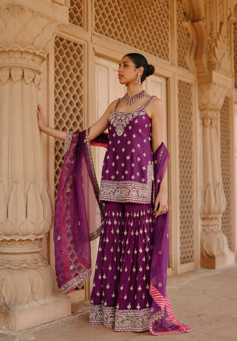 Shahbano-Deep Purple Kurta Set With Garara And Dupatta silk chanderi, silk organza kurta/kurta set by SHEETAL BATRA in purple for women Worldwide