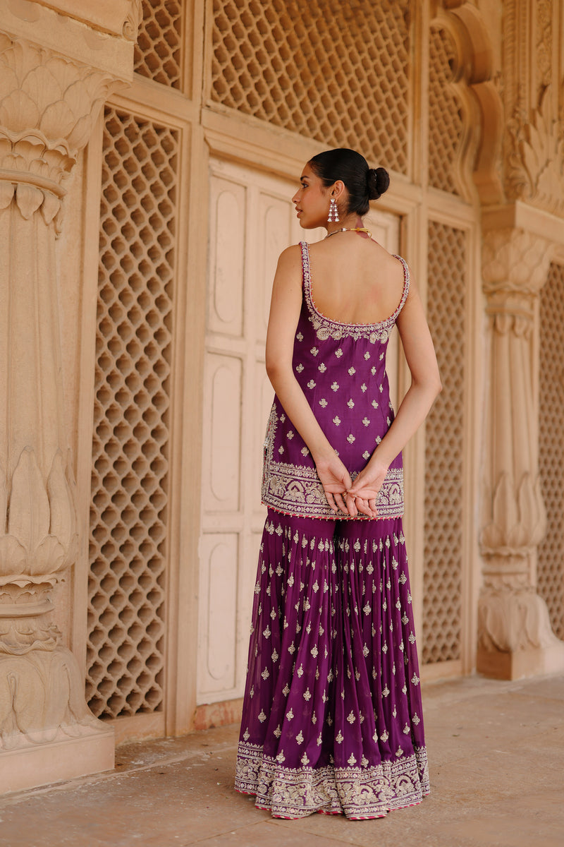 Shahbano-Deep Purple Kurta Set With Garara And Dupatta silk chanderi, silk organza kurta/kurta set by SHEETAL BATRA in purple for women Worldwide