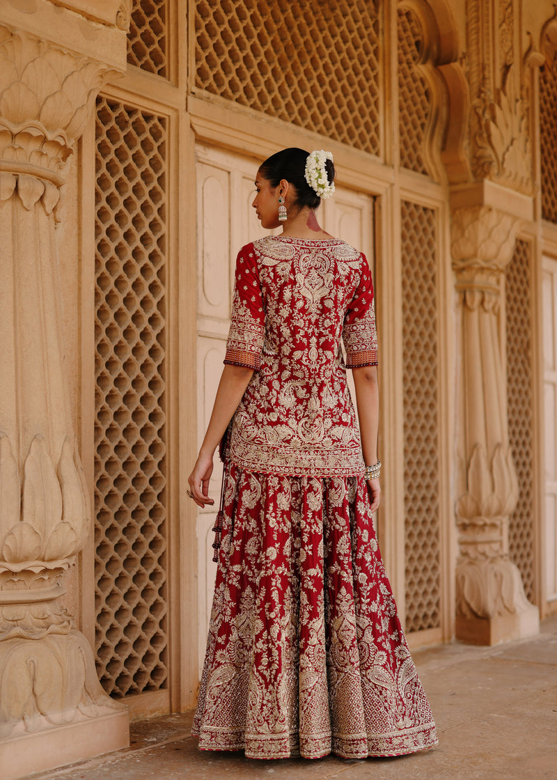 Merab-Deep Red Kurta Set With Lehenga And Dupatta silk chanderi, tissue lehenga sets by SHEETAL BATRA in red, yellow for women Worldwide