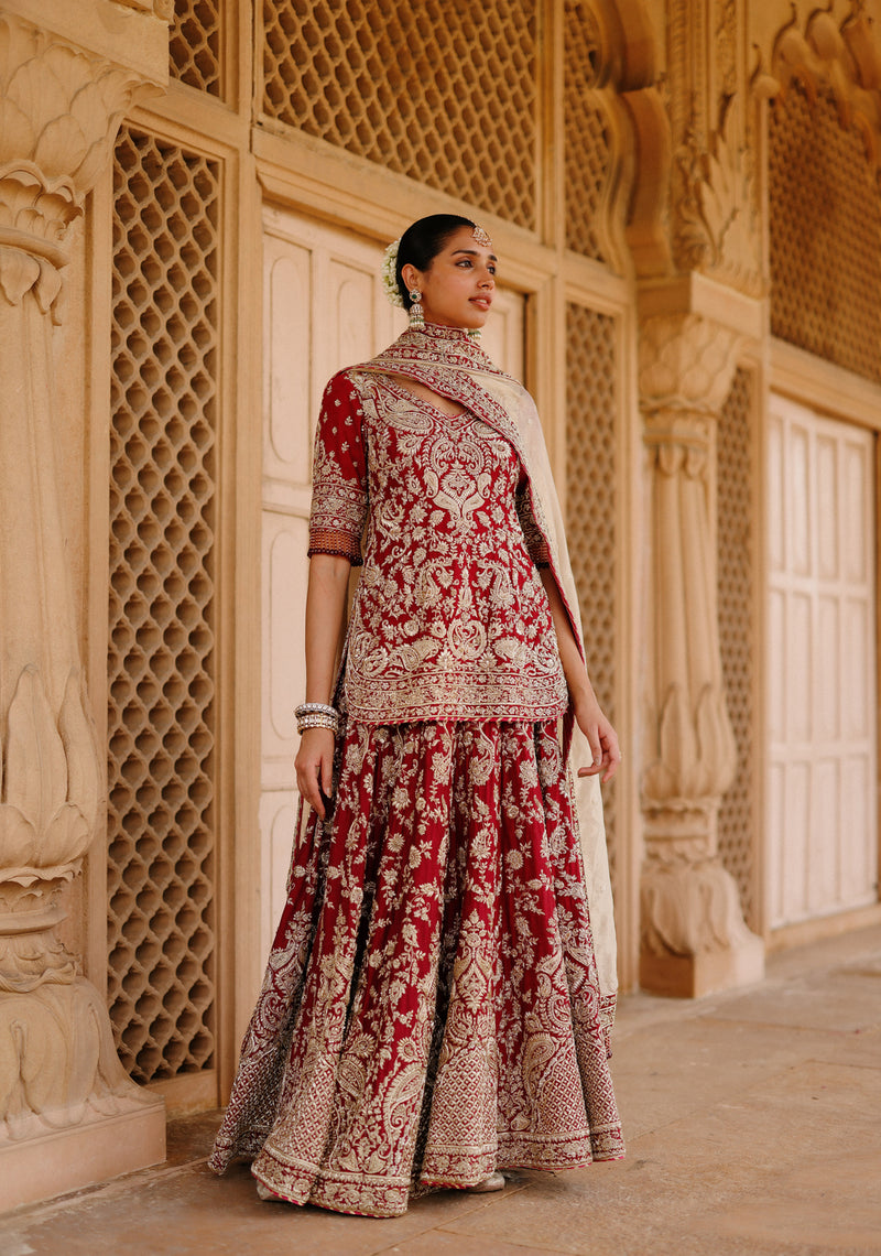 Merab-Deep Red Kurta Set With Lehenga And Dupatta silk chanderi, tissue lehenga sets by SHEETAL BATRA in red, yellow for women Worldwide