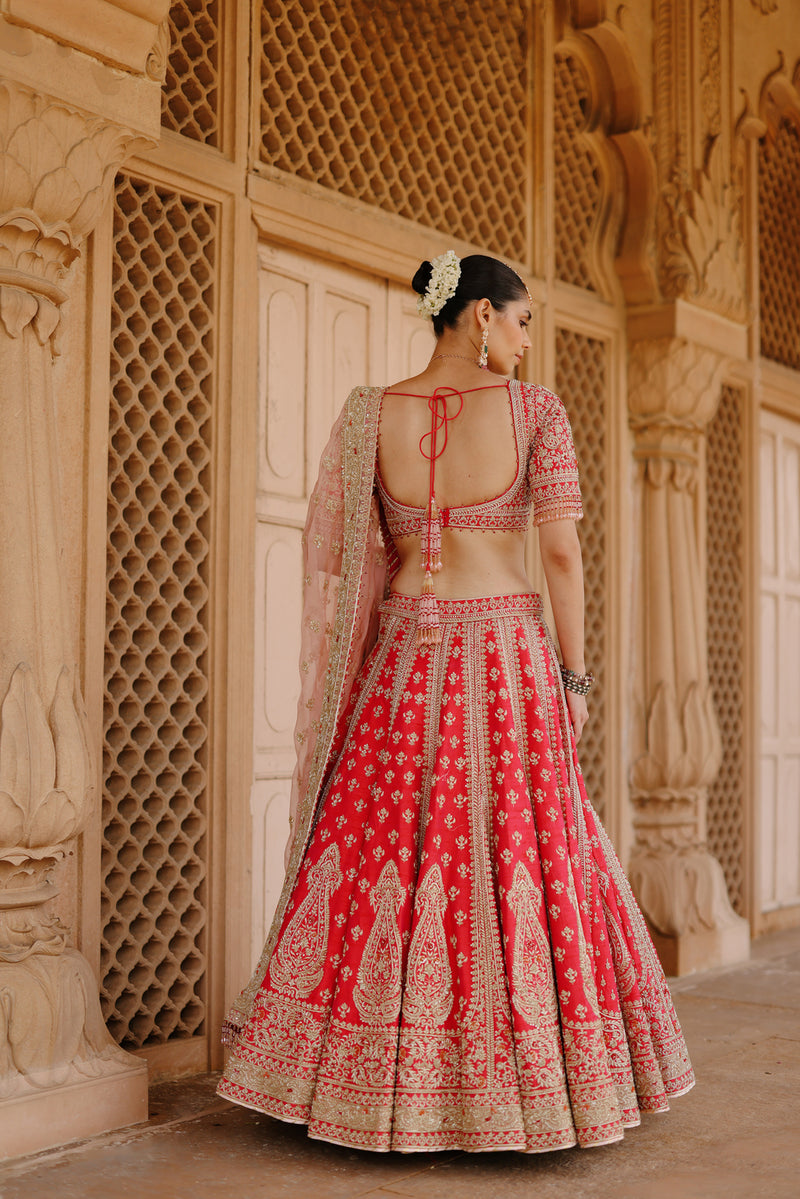 Nusrat-Hot Pink Kali-In-Kali Lehenga Set With Blouse And Dupatta raw silk, silk organza lehenga sets by SHEETAL BATRA in pink for women Worldwide