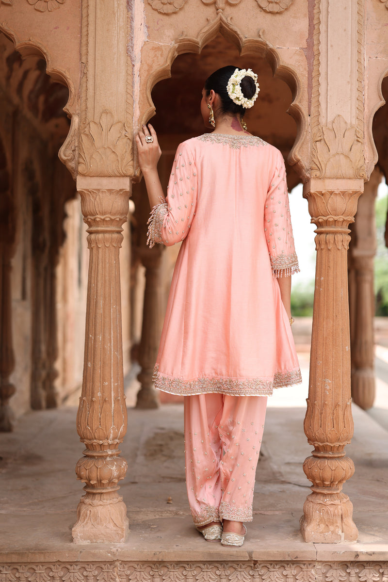 Maham-Pink Anarkali Set With Salwar And Dupatta silk chanderi, silk organza kurta/kurta set by SHEETAL BATRA in pink for women Worldwide