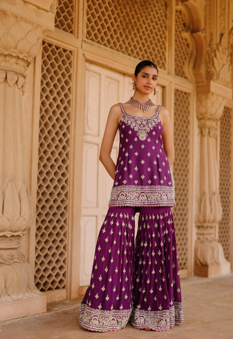 Shahbano-Deep Purple Kurta Set With Garara And Dupatta silk chanderi, silk organza kurta/kurta set by SHEETAL BATRA in purple for women Worldwide