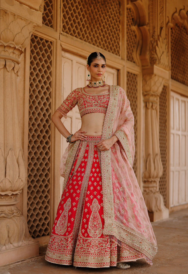 Nusrat-Hot Pink Kali-In-Kali Lehenga Set With Blouse And Dupatta raw silk, silk organza lehenga sets by SHEETAL BATRA in pink for women Worldwide