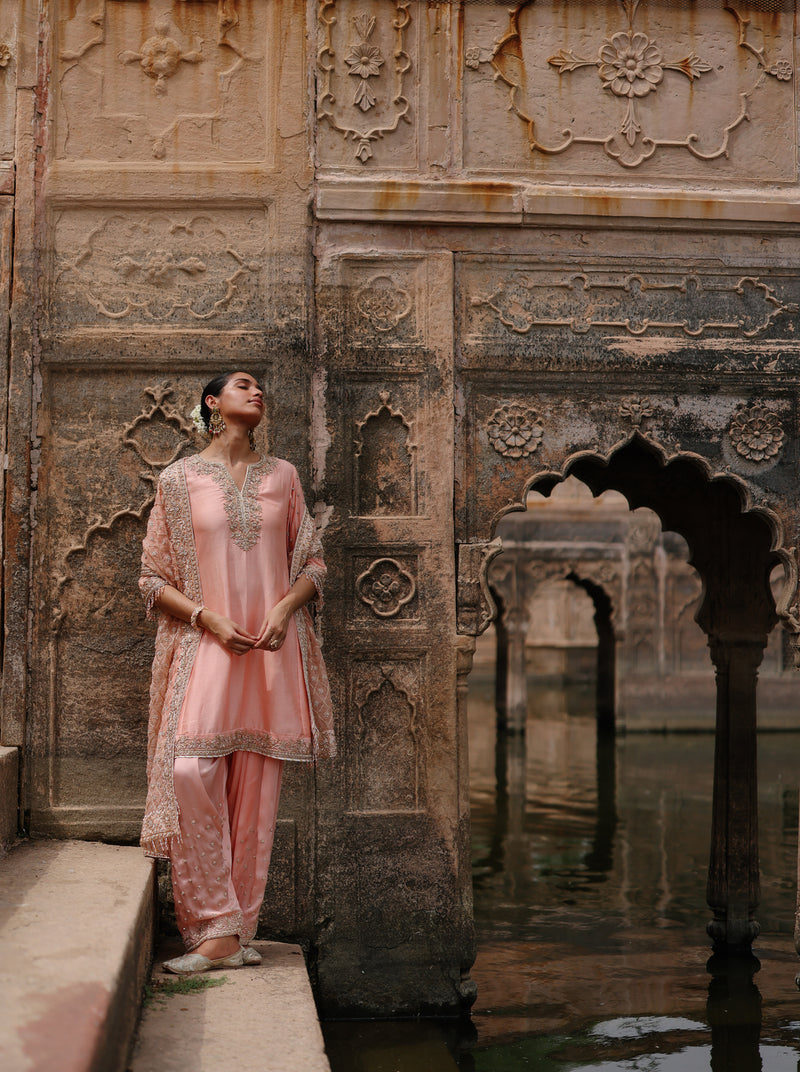 Maham-Pink Anarkali Set With Salwar And Dupatta silk chanderi, silk organza kurta/kurta set by SHEETAL BATRA in pink for women Worldwide