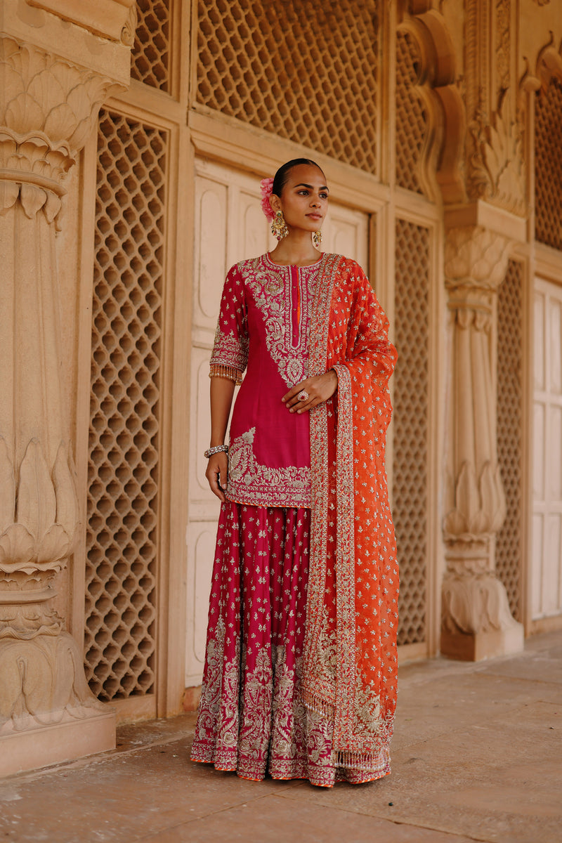 Maysam-Hot Pink Kurta Set With Sharara And Dupatta silk chanderi, silk organza kurta/kurta set by SHEETAL BATRA in pink, orange for women Worldwide