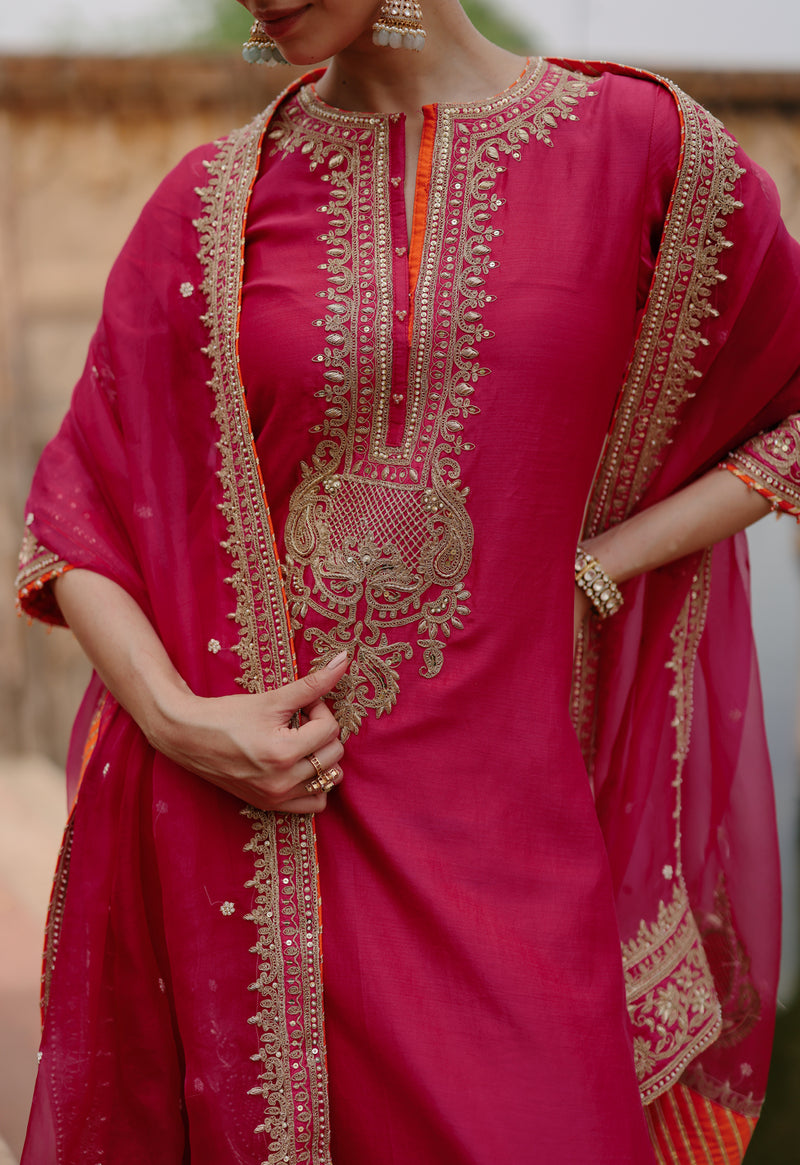 Arwa-Hot Pink Long Kurta Set With Salwar And Dupatta silk chanderi, silk organza kurta/kurta set by SHEETAL BATRA in pink for women Worldwide